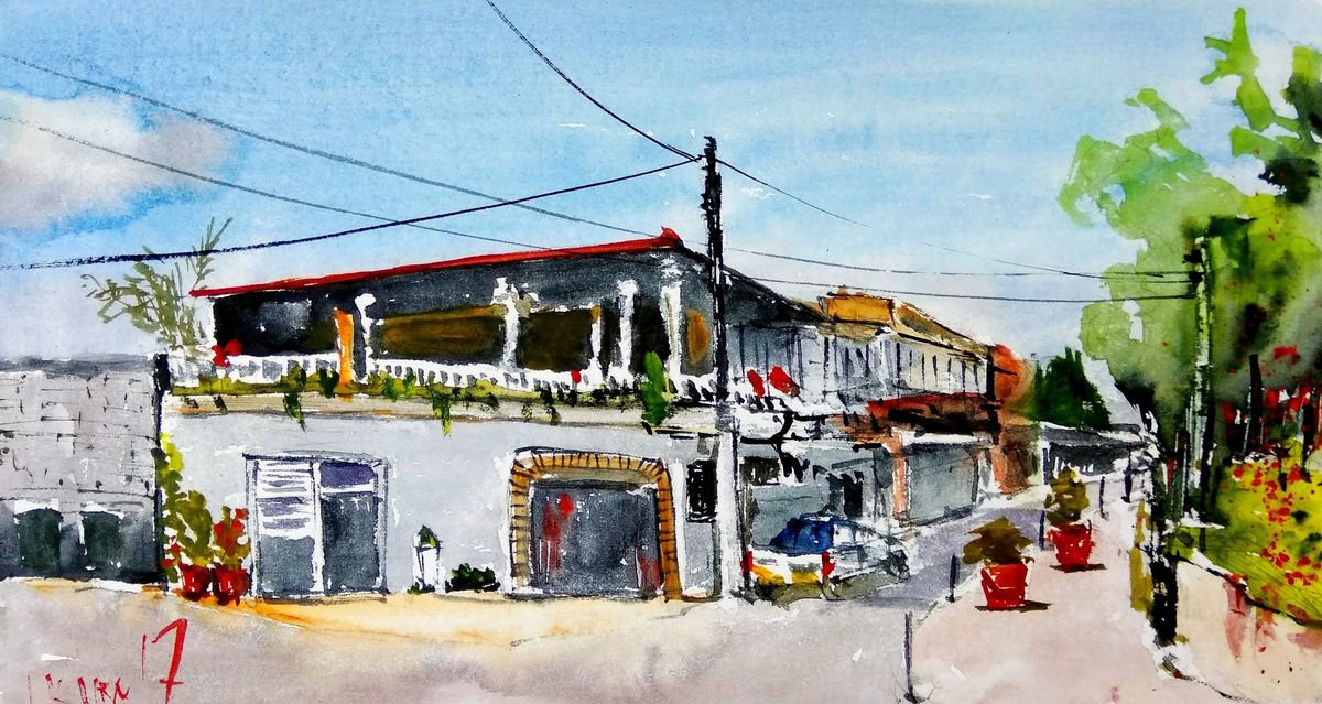 Impressionistic Cityscapes Watercolour By Leonid Kirnus, 16 X 8", The House On The Corner, Original Artwork
