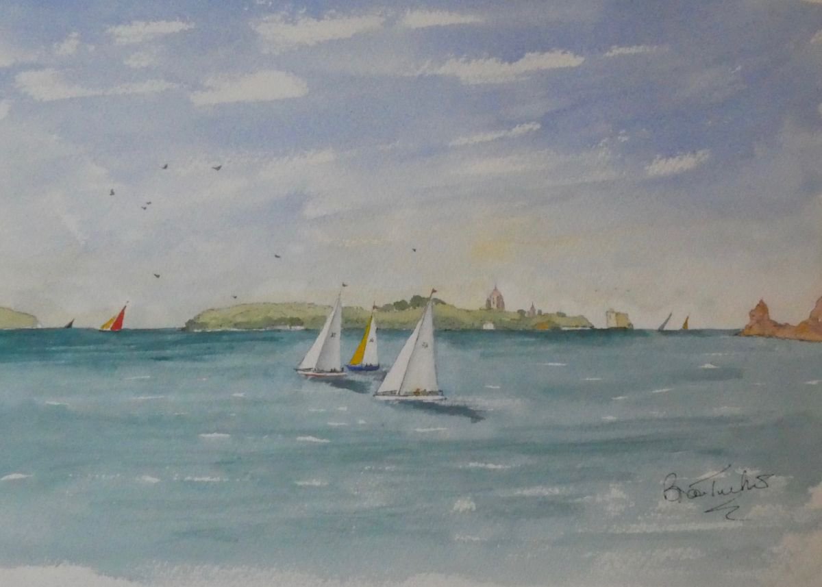 Photorealistic Landscape Watercolour By Brian Tucker, 16 X 12, Ile St Honorat Near Cannes, Original Artwork