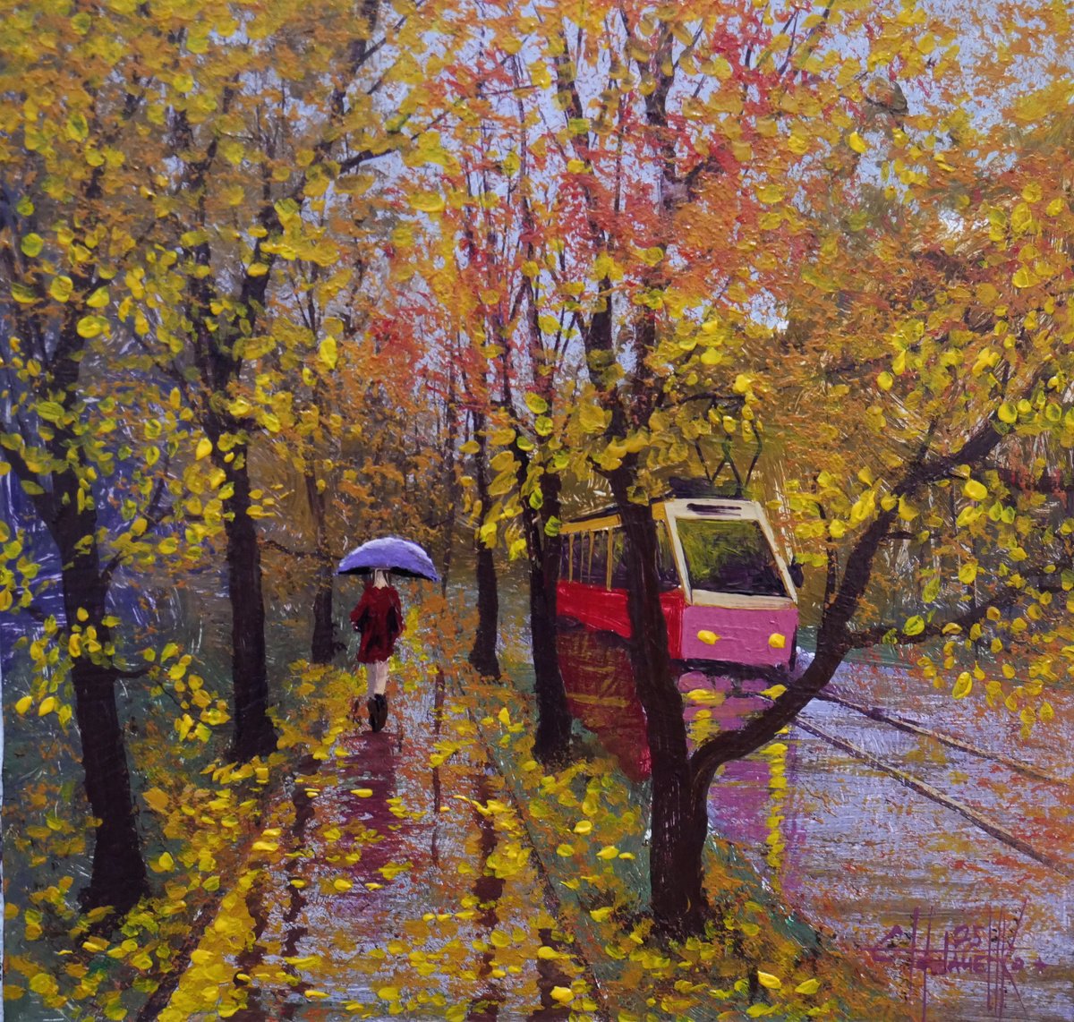 Impressionistic Cityscapes Acrylic Painting By Eugene Gorbachenko, 11 X 11, Under The Autumn Rain, Original Artwork