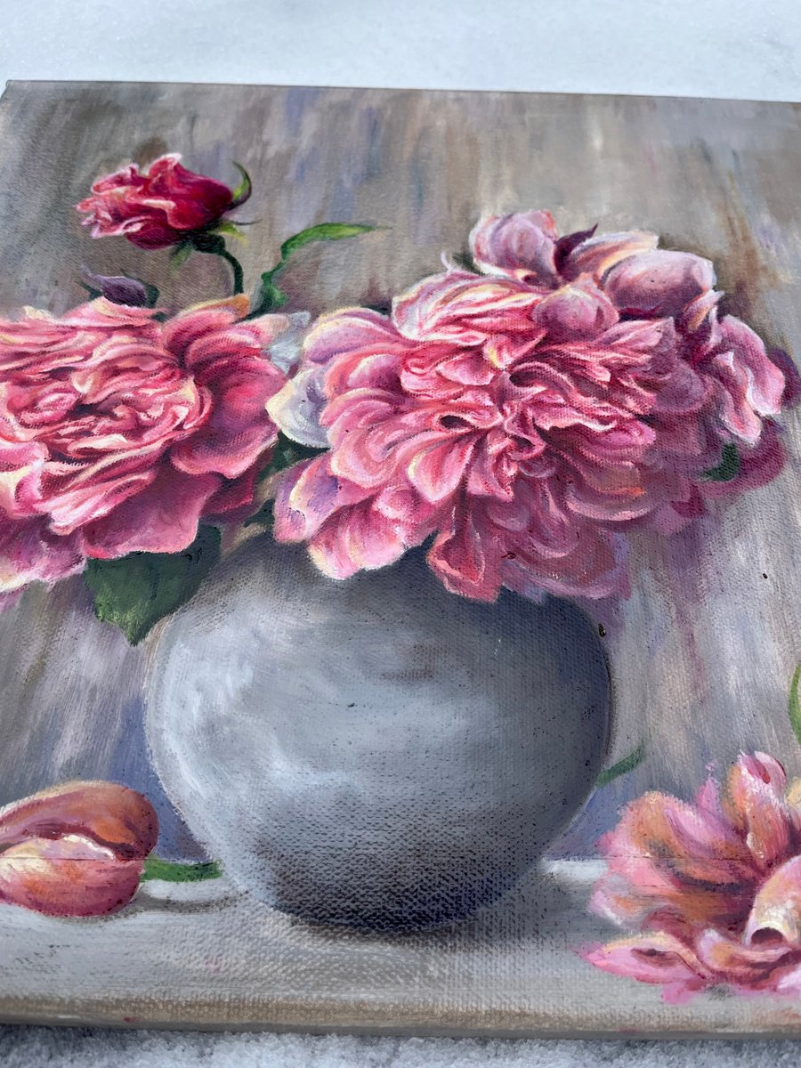 Photorealistic Botanical Oil Painting By Oana Voda, 16 X 16", Pink Spring, Original Artwork