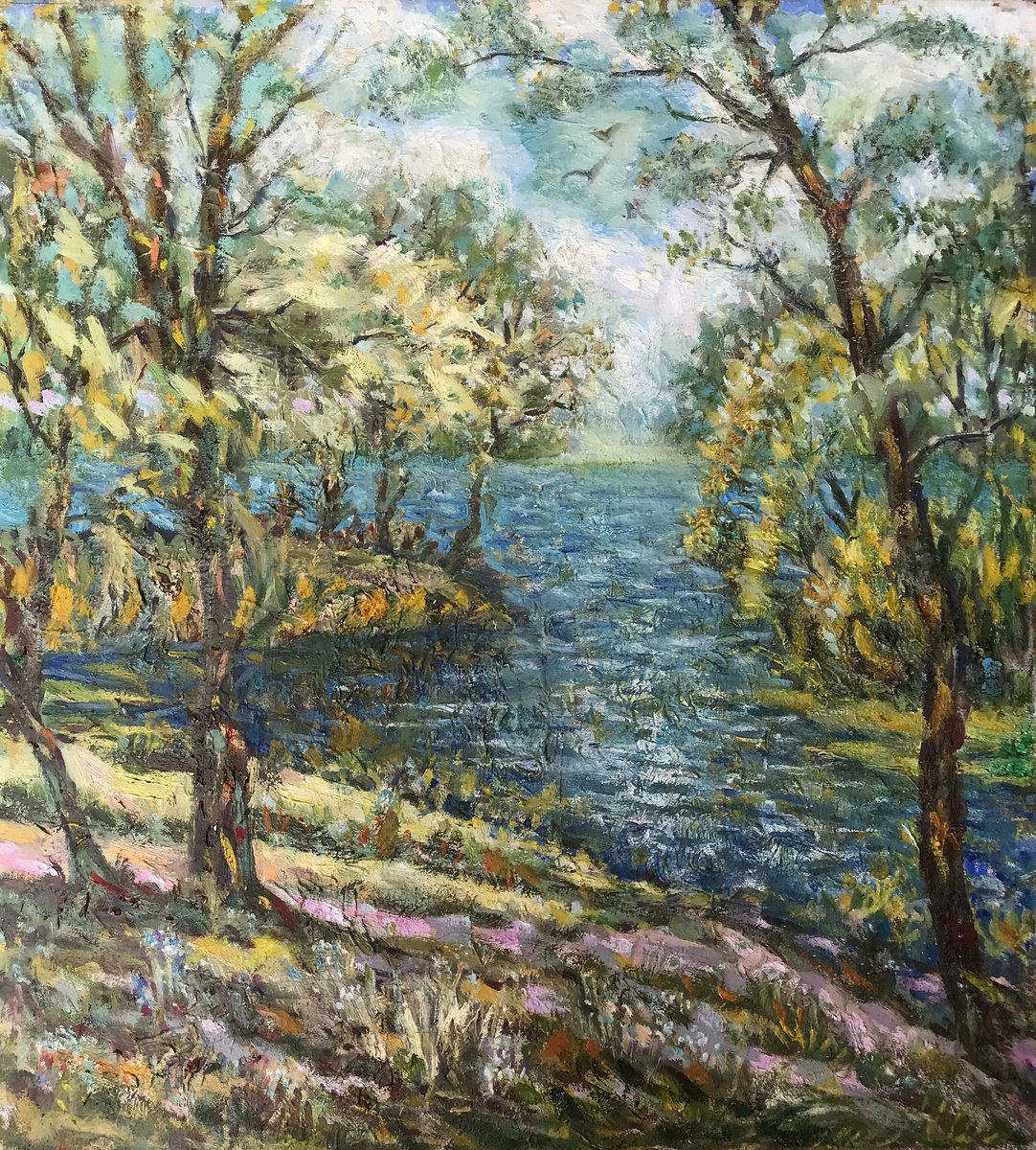 Impressionistic Landscape Oil Painting By Ivan Shapoval, 22 X 24, A River Flows, Original Artwork