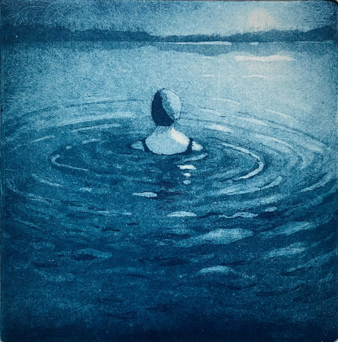 Illustrative Landscape Etchings & Engravings By Rebecca Denton, 7 X 7", Wild Swimmer Mini, Original Artwork