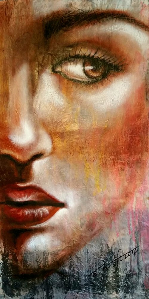 "Golden eye" Original oil large painting on fabric 45x85x2cm.ready to hang by Elena Kraft