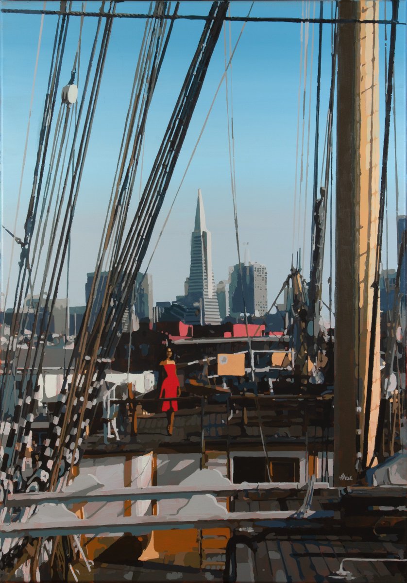 Photorealistic Landscape Acrylic Painting By Marco Barberio, 28 X 39", Pacific Queen Of San Francisco, Original Artwork