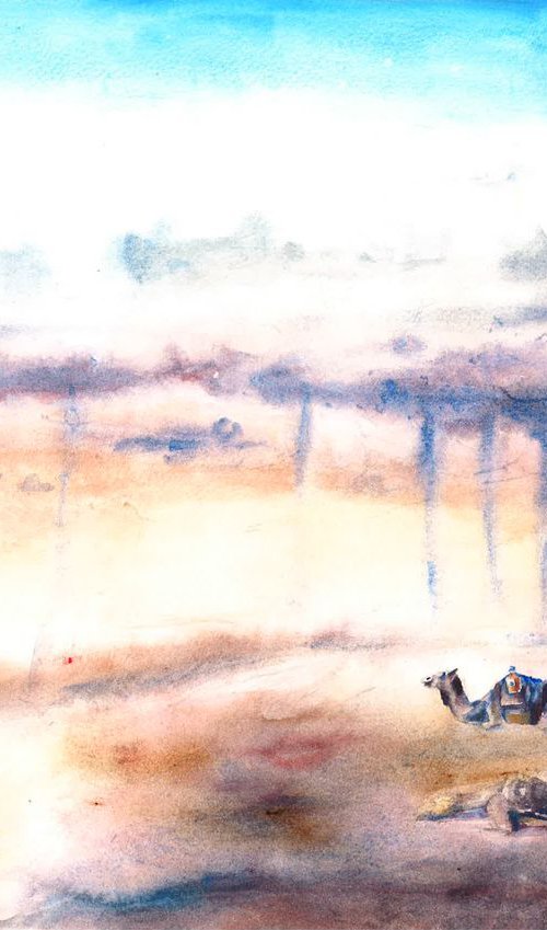 Camels in desert, Desert landscape, Middle Eastern Scenery, Contemplation by Bozhidara Mircheva