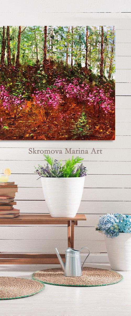 WALK IN THE WOODS - Pines. Birch Grove. Pinery. Labrador tea. Bloom. Nature. Trees. Pink. by Marina Skromova