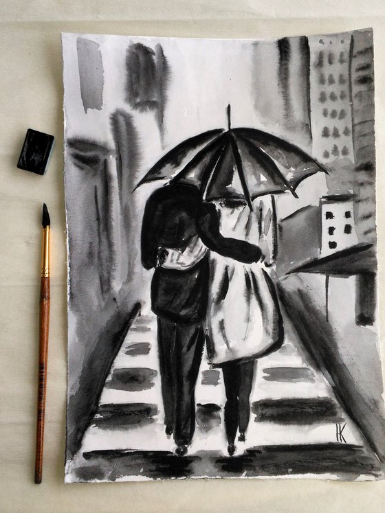 New Yorker Painting Couple Original Art Ambrella Watercolor NYC Artwork Walk Small Cityscape Home Wall Art 8 by 12" by Halyna Kirichenko