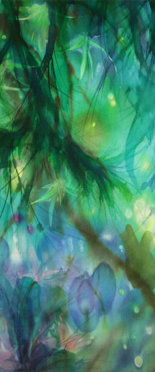 Elven Landscape, Eden Garden, fantasy silk painting "FIRST LIGHTS OF THE GARDEN" by Bistra Sirin