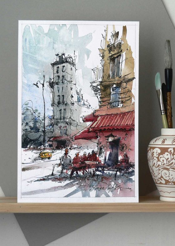 Paris, ink pen and watercolor urban sketch painting