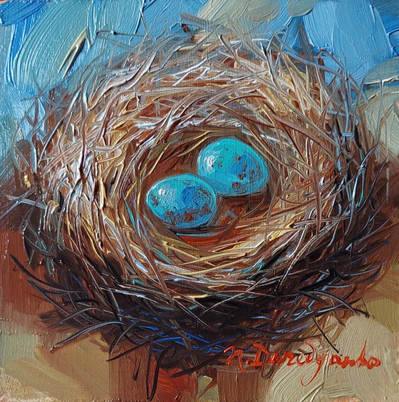 Nest oil painting original 4x4 in frame, Two blu bird egg miniature oil painting wall art framed, Small painting Mom day gift