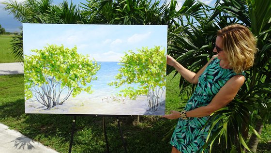 ENDLESS SUMMER. Tropical Island Seascape Painting of Florida Beach and Sea Birds.