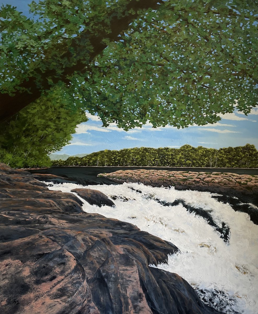 Photorealistic Landscape Acrylic Painting By Anne Shaughnessy, 40 X 48, Chutes Des Bleuets, Original Artwork