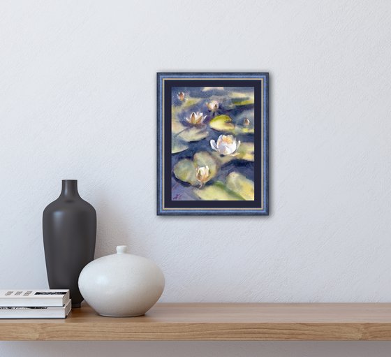 Water lilies in watercolor, White flowers of the river