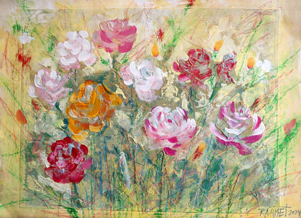 Impressionistic Botanical Acrylic Painting By Rakhmet Redzhepov, 23 X 17", Fantasy With Flowers 172, Original Artwork