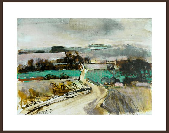 Road among fields. Abstract drawing.