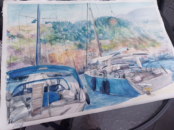 Watercolor boats painting