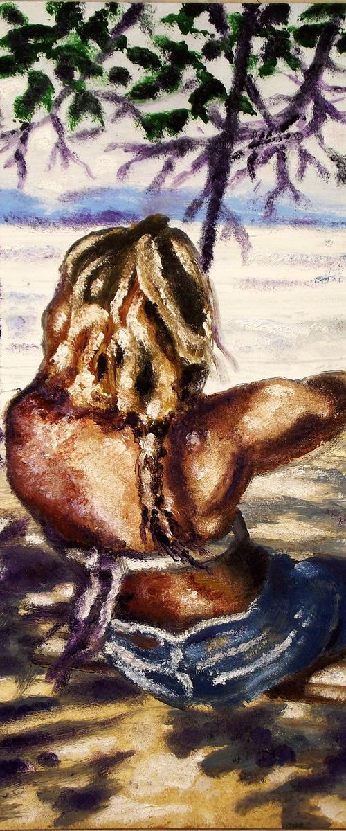 SEASIDE GIRL - SWINGING IN SHADOWS - Thick oil painting - 30x42cm by Wadih Maalouf
