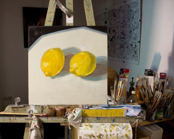 large modern still life of yellow lemons