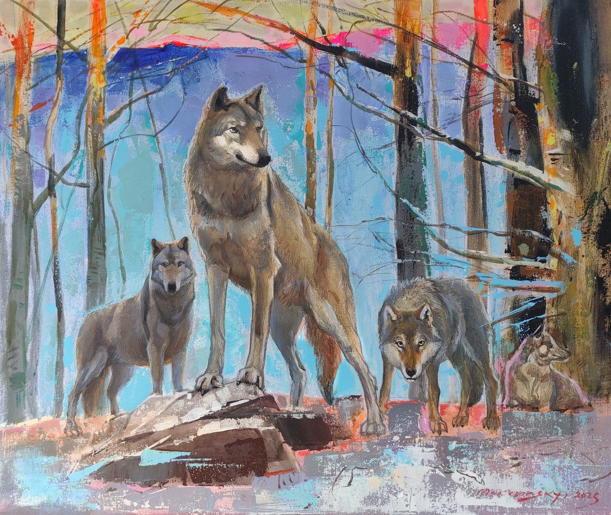 Impressionistic Animal Acrylic Painting By Pavlo Makedonskyi, 24 X 20", Pack, Original Artwork