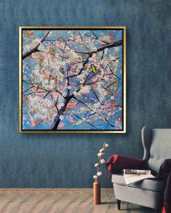 'SPRING BLOSSOMS WITH A BIRD' - Sakura Large Acrylics Painting on Canvas