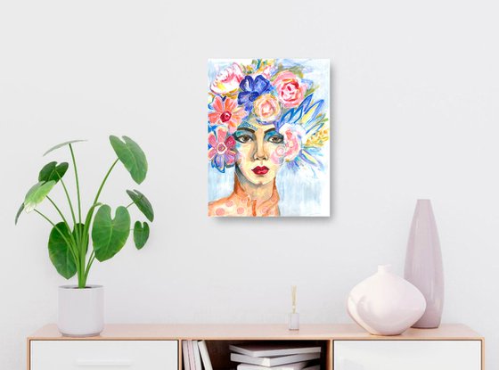 Flower Portrait 4, Floral Portrait Floral Head Woman Painting Modern Bouquet Wall Art