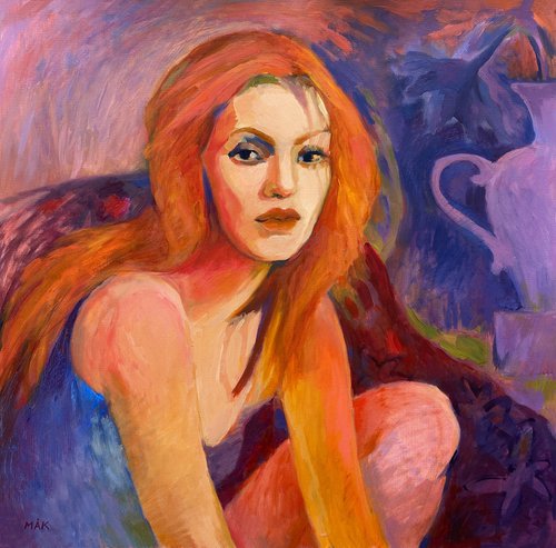 WOMAN'S PORTRAIT - violet & ginger wall art with a female figure by Irene Makarova