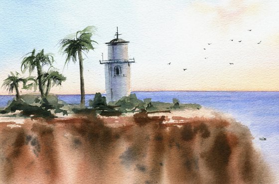 Califirnia lighthouse sunset original  watercolor painting with sea  , decor for living room, gift for sea lovers