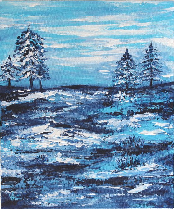 "Winter Wonderland-1, 2018" - Snowy Blue Landscape & Trees - Acrylic Painting on a Canvas Board