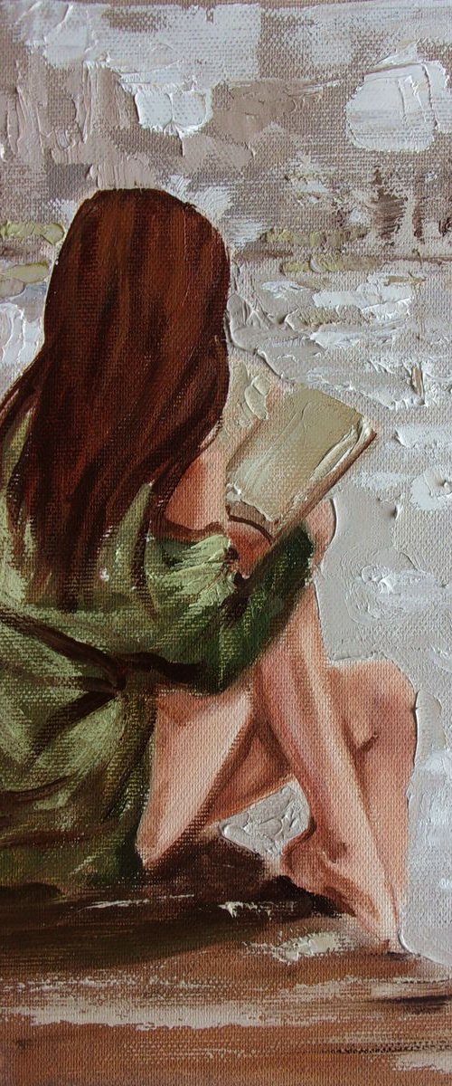 " BOOK LOVER ... X " original painting sea summer palette knife GIFT brown by Monika Luniak