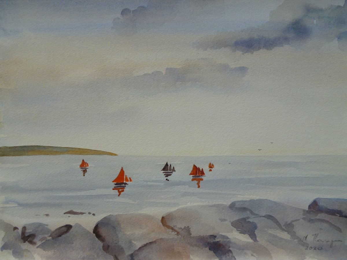 Expressive Landscape Watercolour By Maire Flanagan, 15 X 11", Hookers In The Bay, Original Artwork