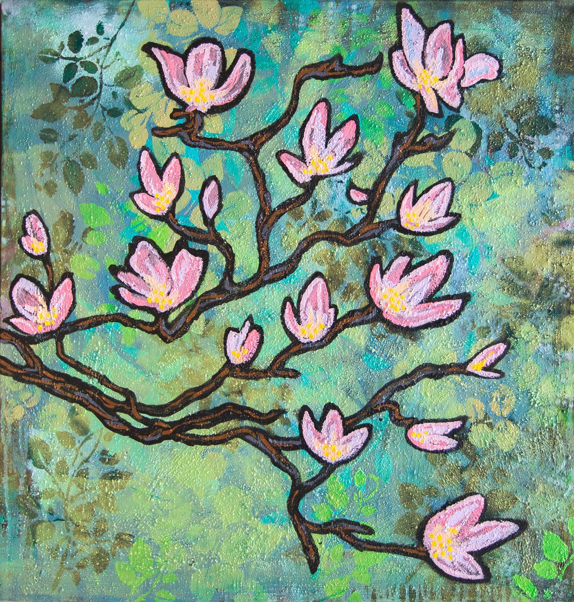 Naive Botanical Acrylic Painting By Ariadna De Raadt, 31 X 31, Spring Nature, Original Artwork