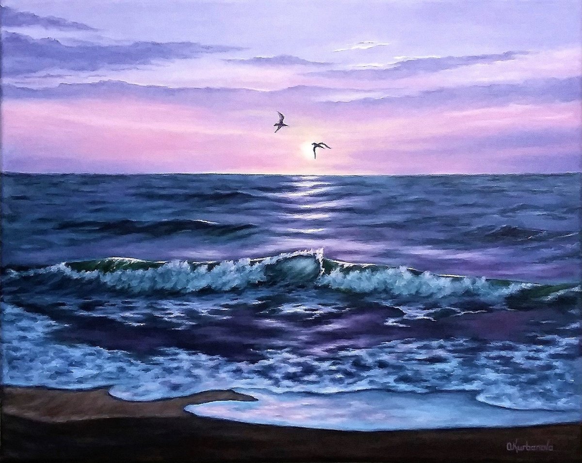 Photorealistic Landscape Oil Painting By Olga Kurbanova, 20 X 16", Purple Sunset, Original Artwork