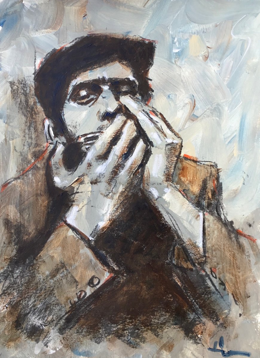 Expressive Portrait Acrylic Painting By Dominique Deve, 12 X 16, L