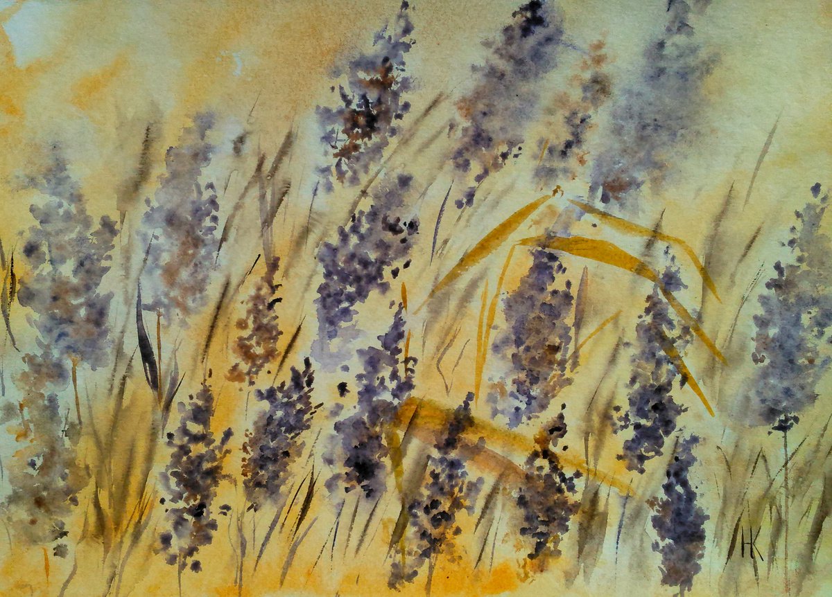 purple grass original watercolor art wet on wet watercolor painting In the purple grass by Halyna Kirichenko