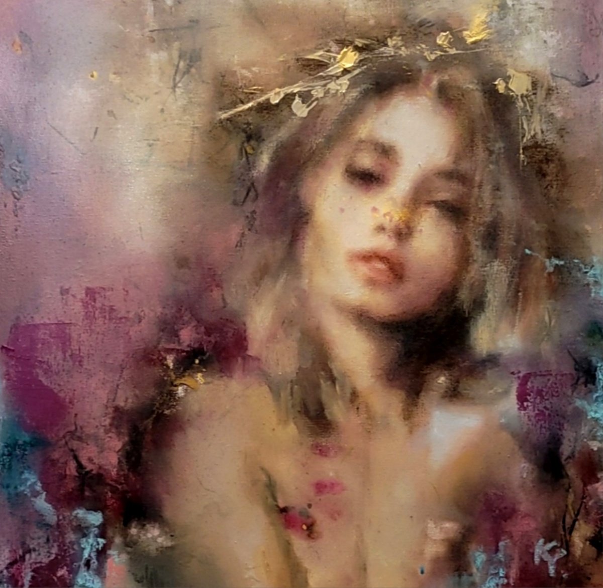 Impressionistic Portrait Oil Painting By Yuliia Kyrsanova, 20 X 20", Wreath Of Gold, Original Artwork