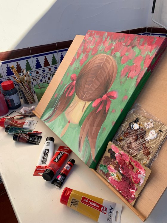 GIRL WITH RED BOWS ON A POPPY FIELD