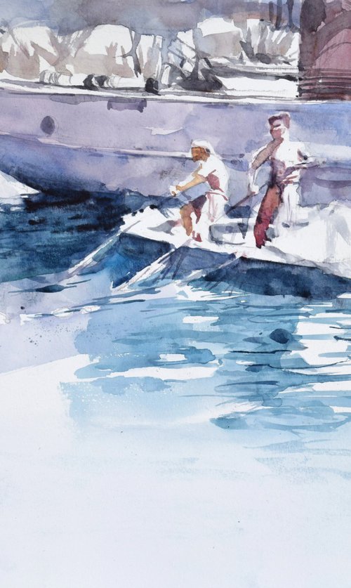 FIshermans  in the mediterranean  harbor by Goran Žigolić Watercolors