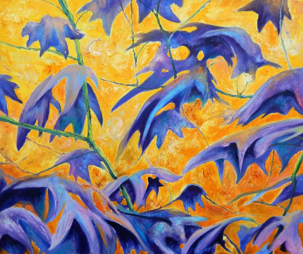 Expressive Botanical Oil Painting By Richard Freer, 24 X 20", Violet Leaves, Original Artwork