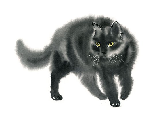 Smokey Grey Cat -  fluffy cat – black cat watercolor