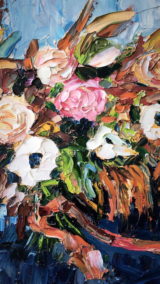 Palette knife impasto oil painting on canvas Autumn flowers