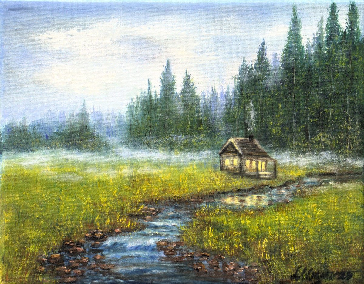 Photorealistic Landscape Oil Painting By Ludmilla Ukrow, 10 X 8", Foggy Forest, Original Artwork