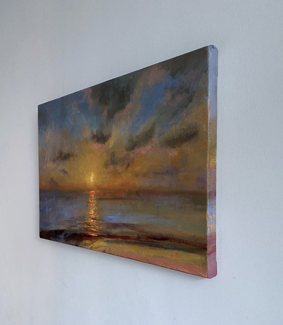 Evening Sunset over The Sea. Original Oil Painting on canvas ready to hang.