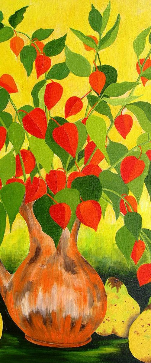 Still life with Chinese Lanterns by Ruth Cowell