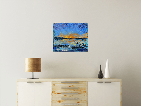 Sunset - You are never alone, 50*60cm, impressionistic landscape oil painting in orange and blue ultramarine