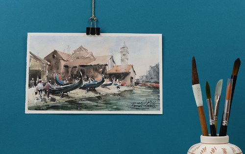 Gondola repair shop, Venice watercolour painting by Marin Victor