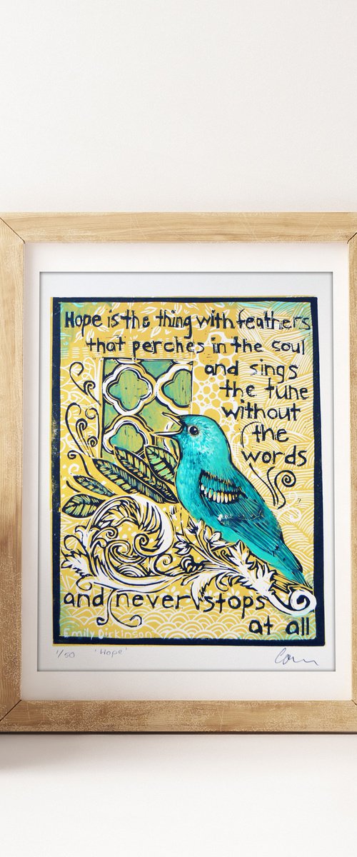 Hope - is the thing with feathers  (hand coloured linocut print) by Carolynne Coulson