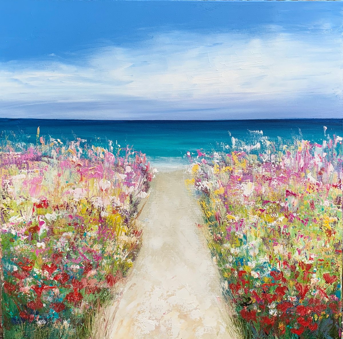 Impressionistic Landscape Oil Painting By Laure Bury, 20 X 20", To The Beach, Original Artwork