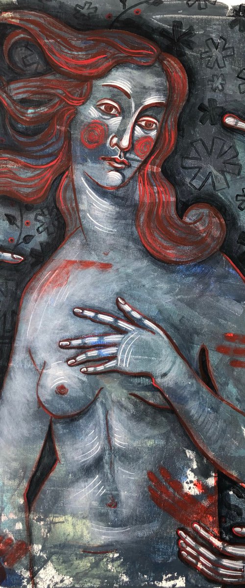 “City of Mary” big blue painting about Ukraine by Yuliia Chaika