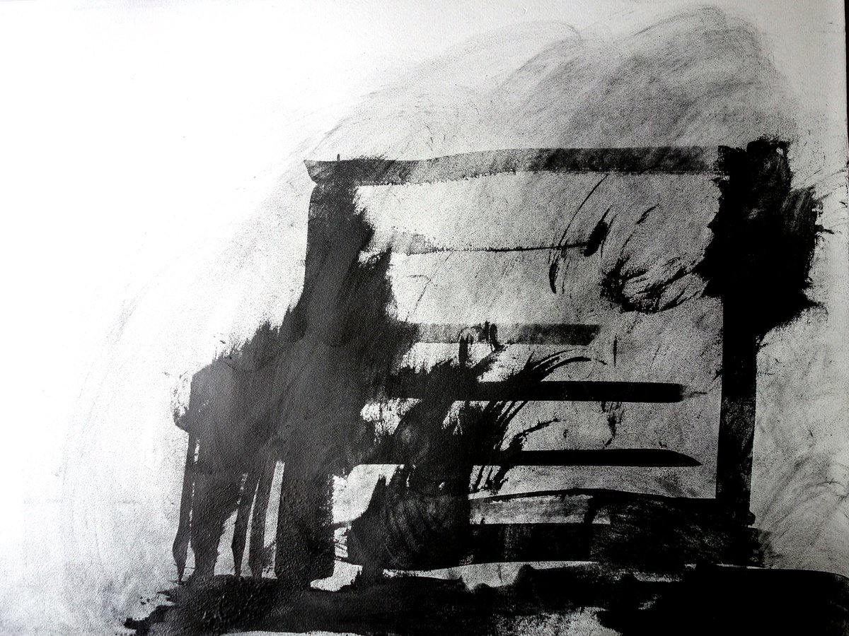 Abstract Landscape Charcoal Drawing By Elizabeth Anne Fox, 28 X 20, Empty Mill, Original Artwork