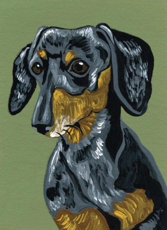 ACEO ATC Original Miniature Painting Dapple Dachshund Doxie Pet Dog Art-Carla Smale